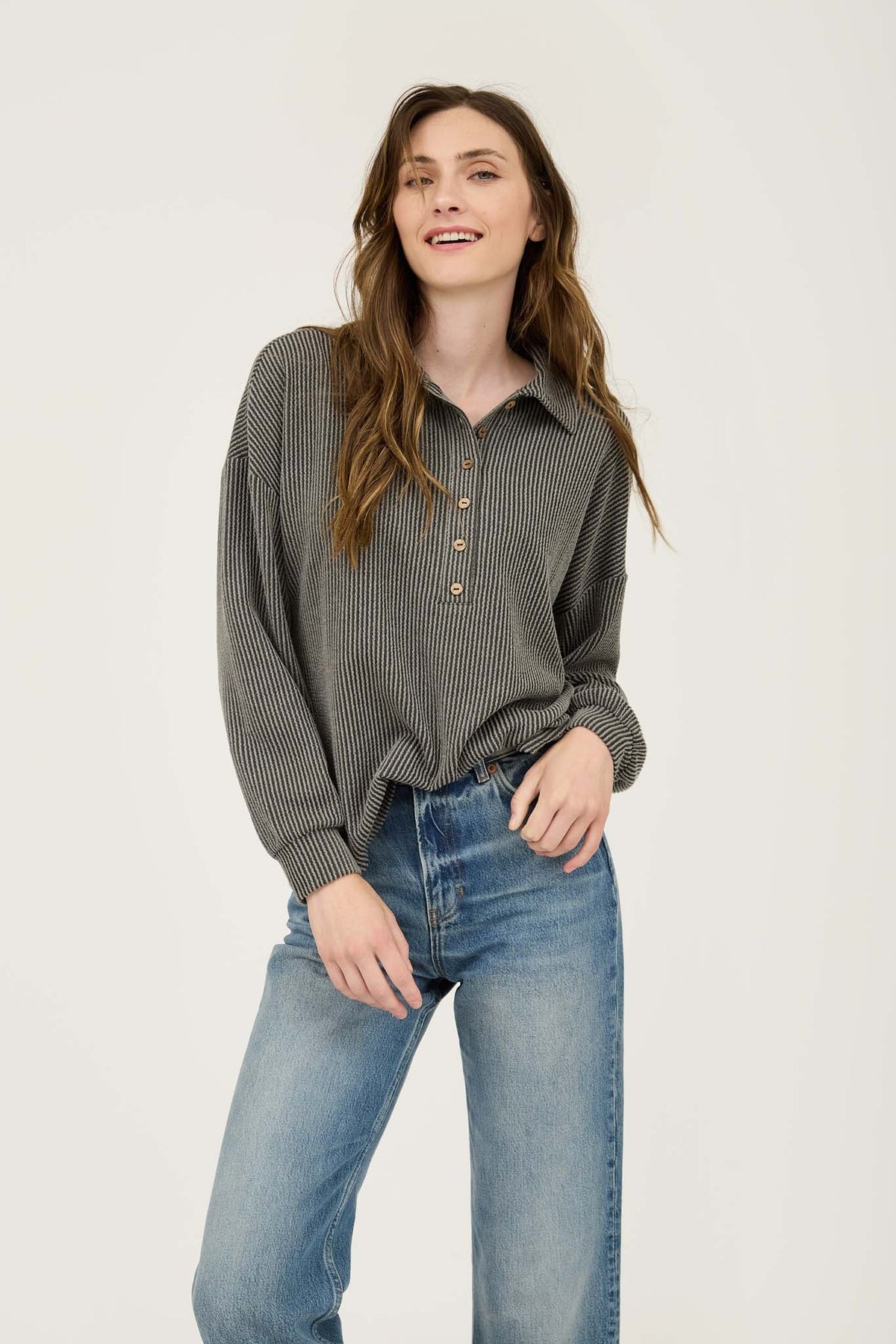 Pinstripe 1/2 Button Top