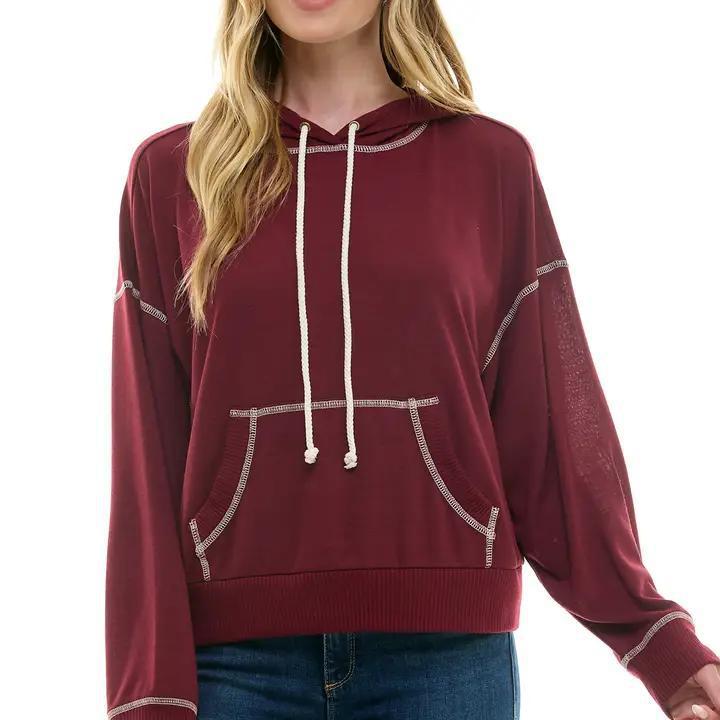 Cuffed Hoodie Pullover - Burgundy