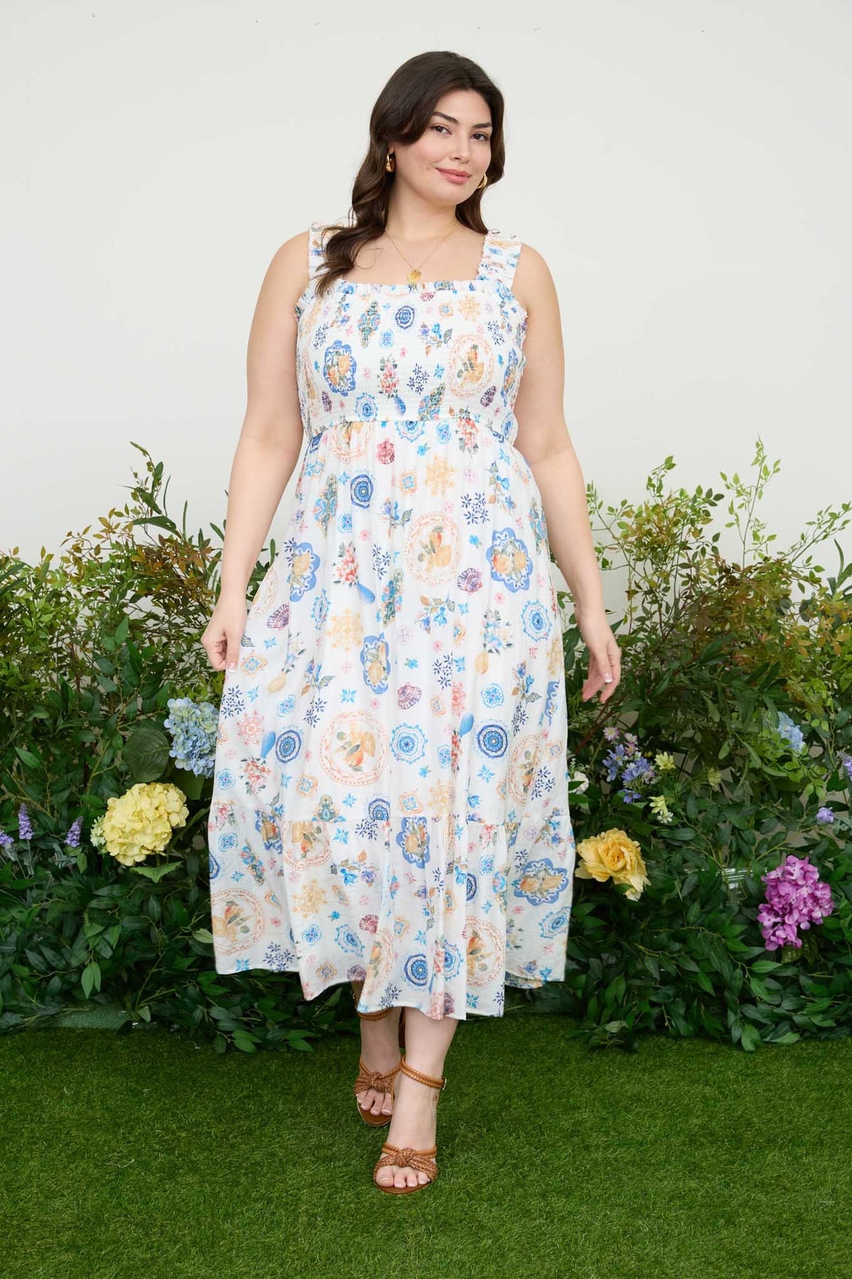 Plus Smocked Sleeveless Fruit Print Dress