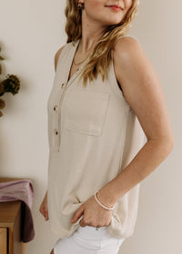 Plus Sleeveless Waffle Top w/Button Detail