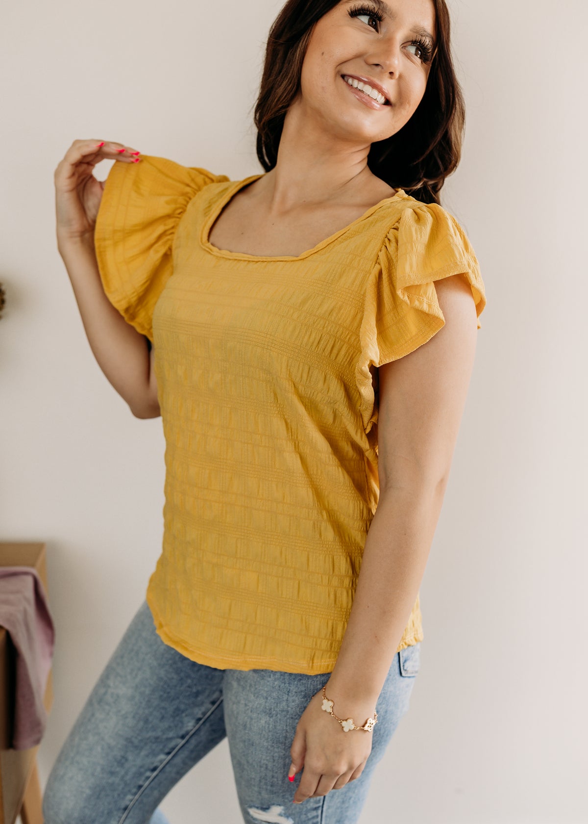 Textured Ruffle Sleeve Blouse