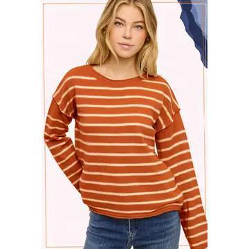 Striped Loose Fit Long Sleeve Sweater - Pumpkin