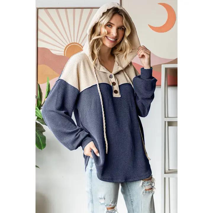 Ribbed Button Drawstring Hoodie - Navy