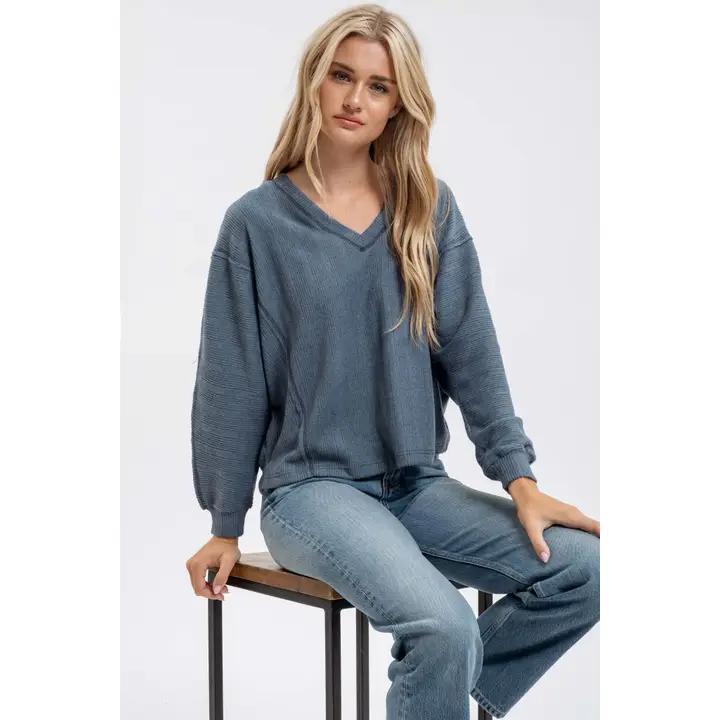 V-Neck Knit Long Sleeve - Dusty Teal