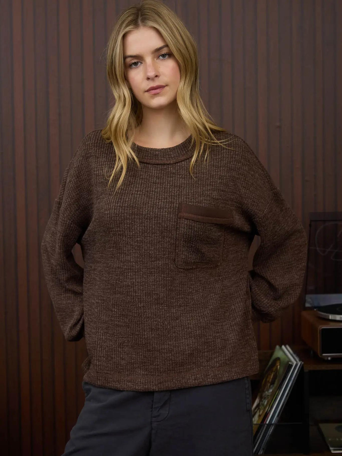 Crewneck Long Sleeve Top - Dark Brown