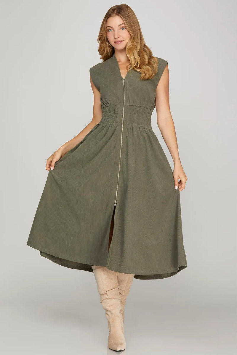Front Zip Corduroy Midi Dress - Olive