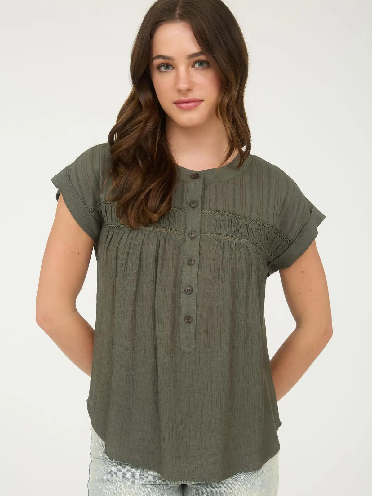 Half Button Eyelet Trim Top - Olive