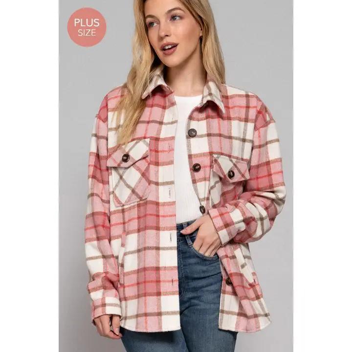 Plus Wool Blend Plaid Jacket - Pink