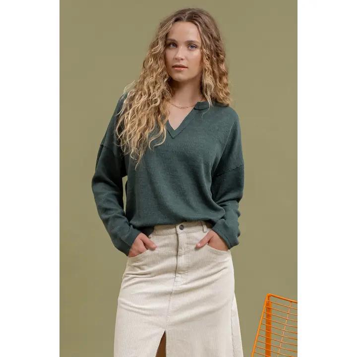 Solid Notch Knit Top - Forest Green