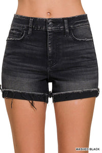 Plus Washed Black Cuffed Raw Hem Denim Shorts