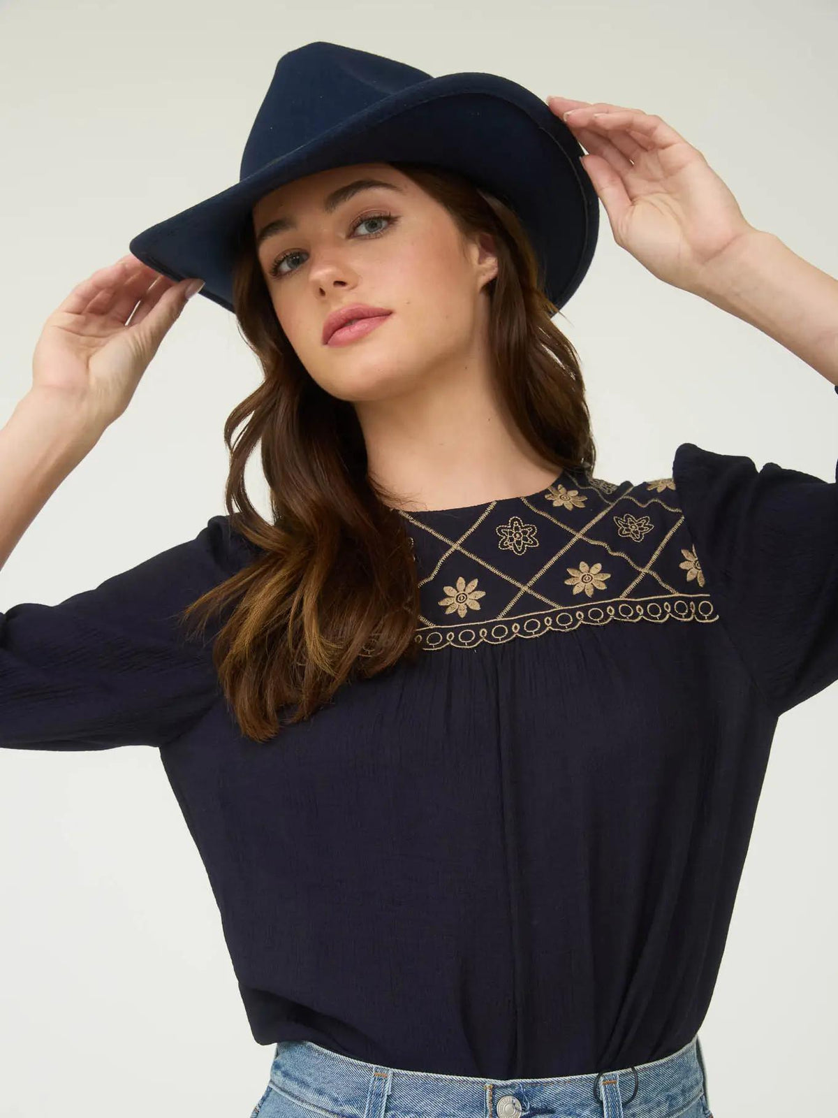 Boho Floral Yoke Blouse - Navy