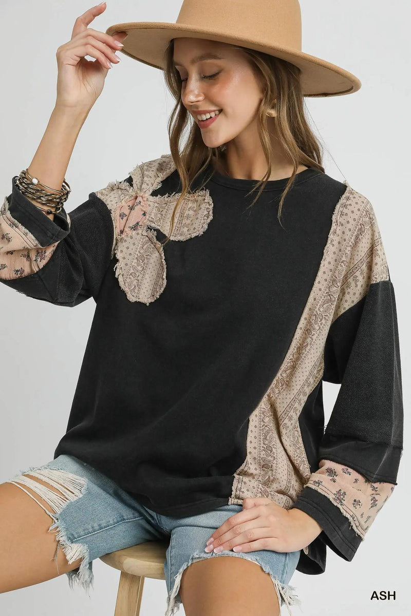 Plus French Terry Patchwork Pullover - Ash