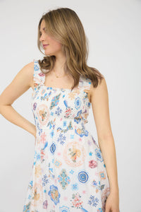 Smocked Sleeveless Fruit Print Dress