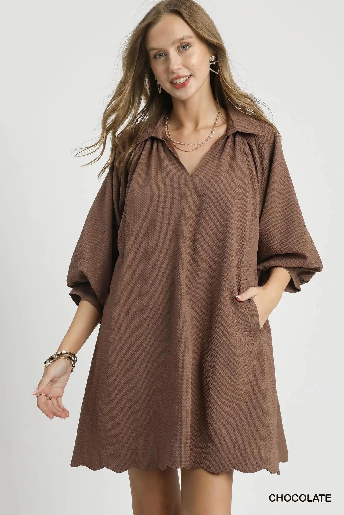 Plus V-Neck Dress w/ Puff Sleeves - Chocolate