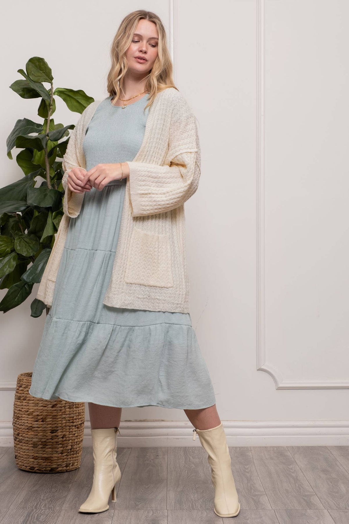 Light Khaki Waffle Knit Cardigan
