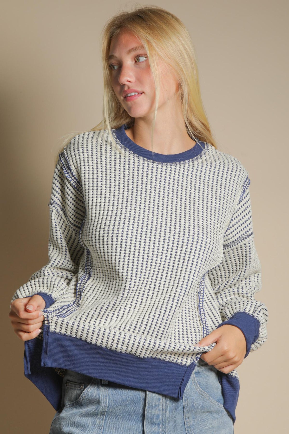 Oversized Waffle Top - Navy