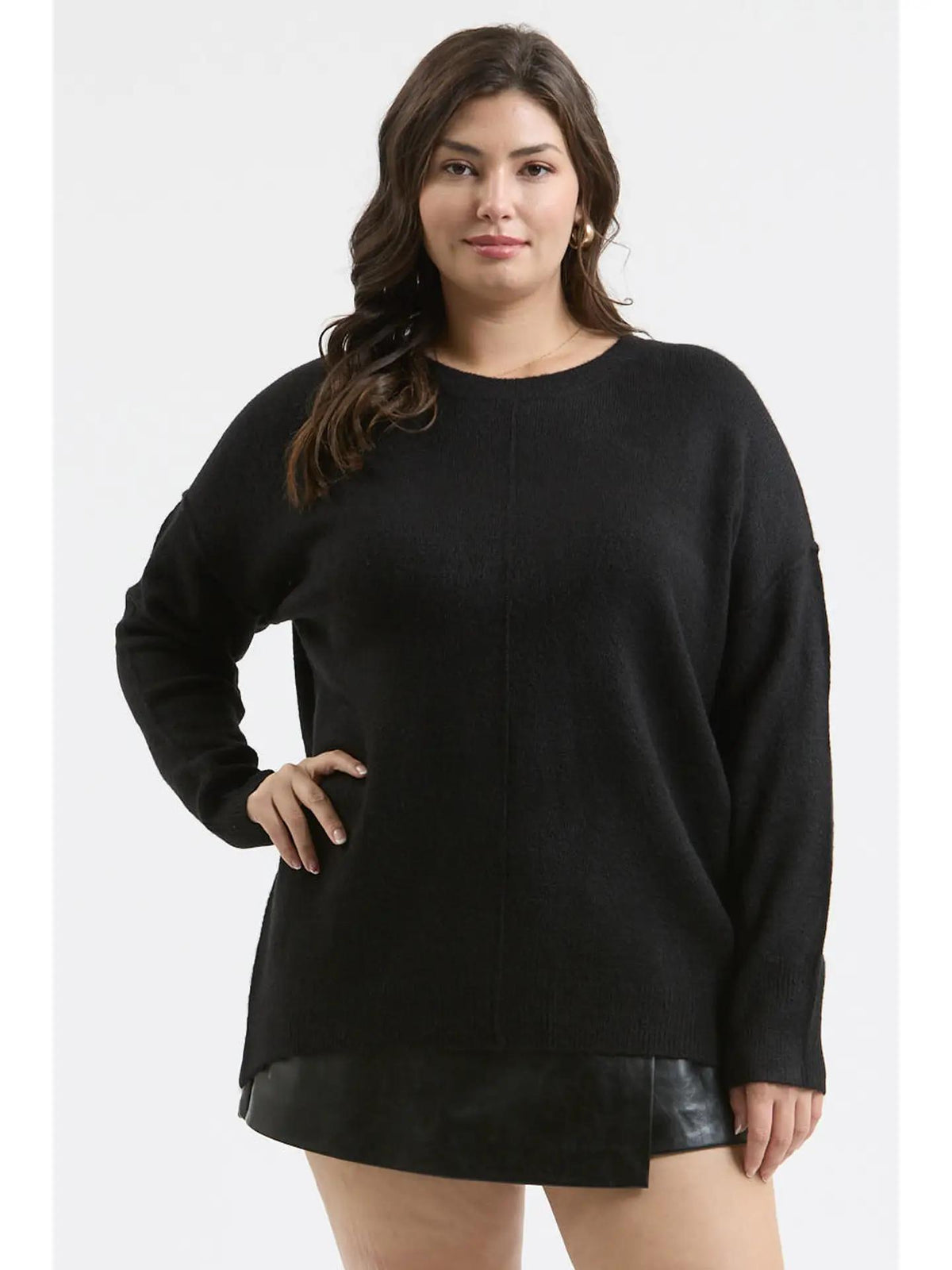 Plus Solid Crewneck Knit Sweater - Black