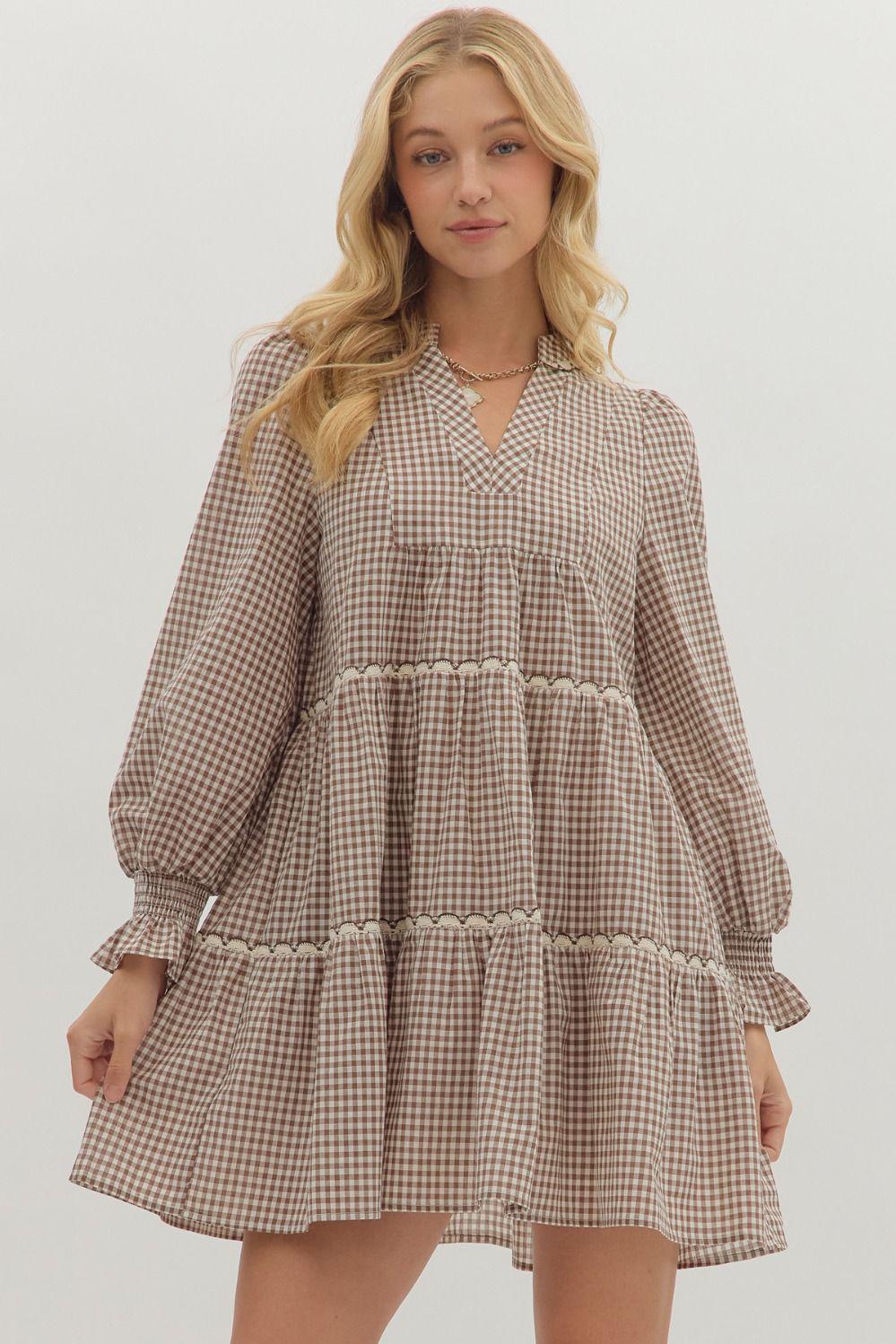 Gingham V-Neck Mini Dress - Brown