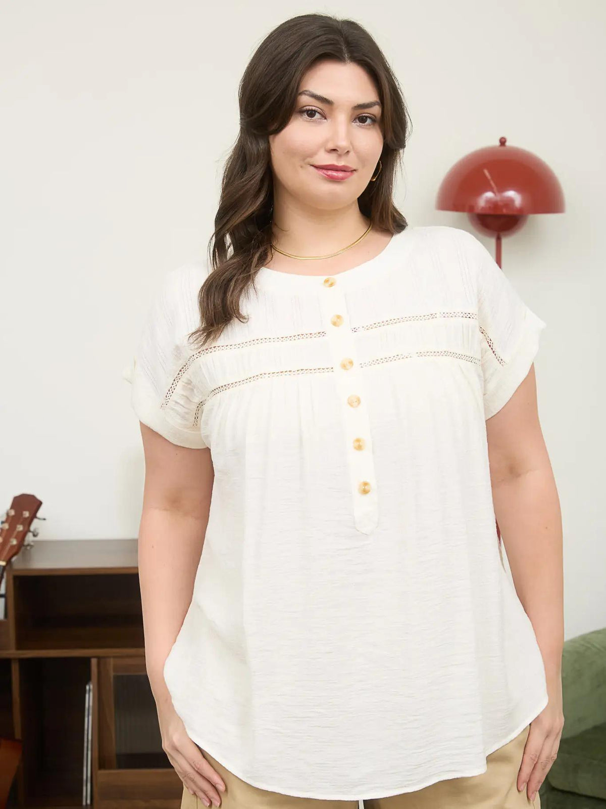 Plus Half Button Eyelet Trim Top - Ivory
