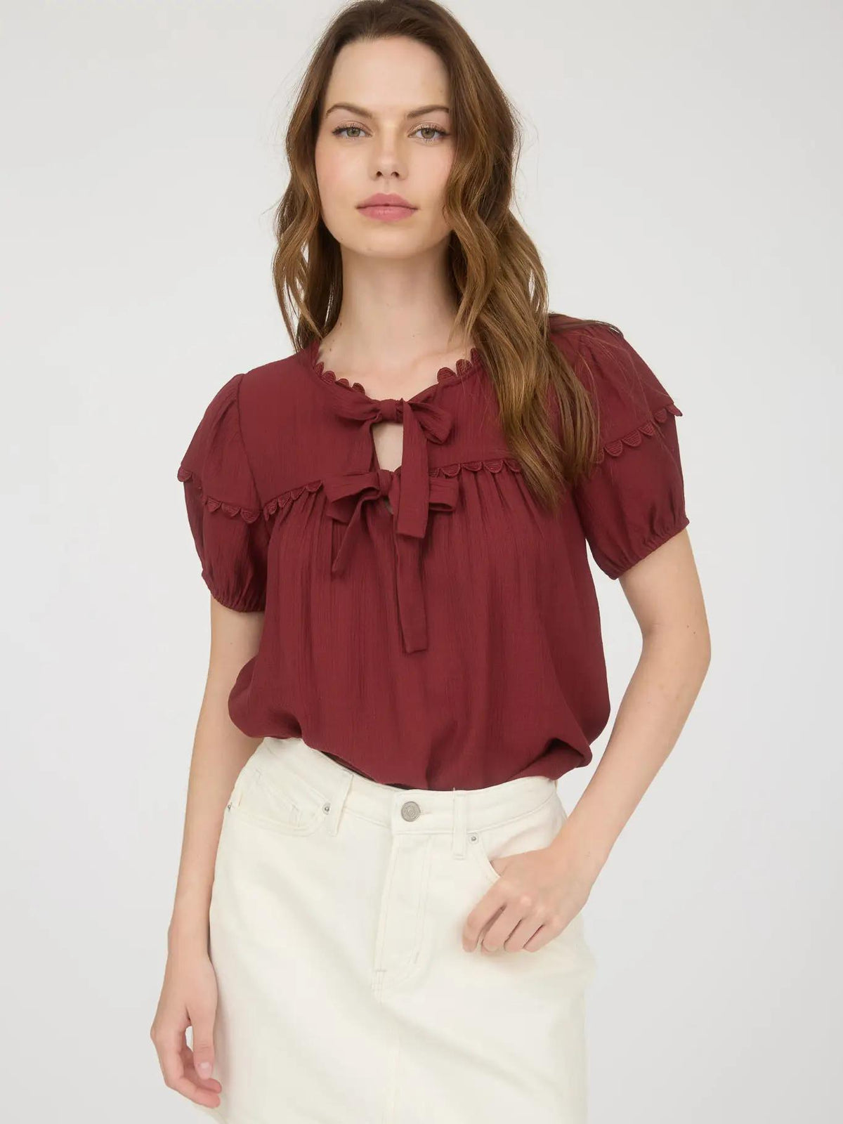 Scallop Trim Front Tie Blouse