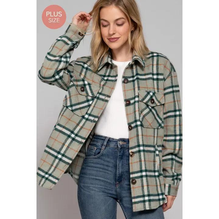 Plus Wool Blend Plaid Jacket - Olive
