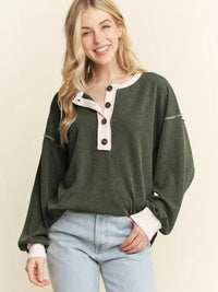 Long Sleeve Button Rib Top - Olive