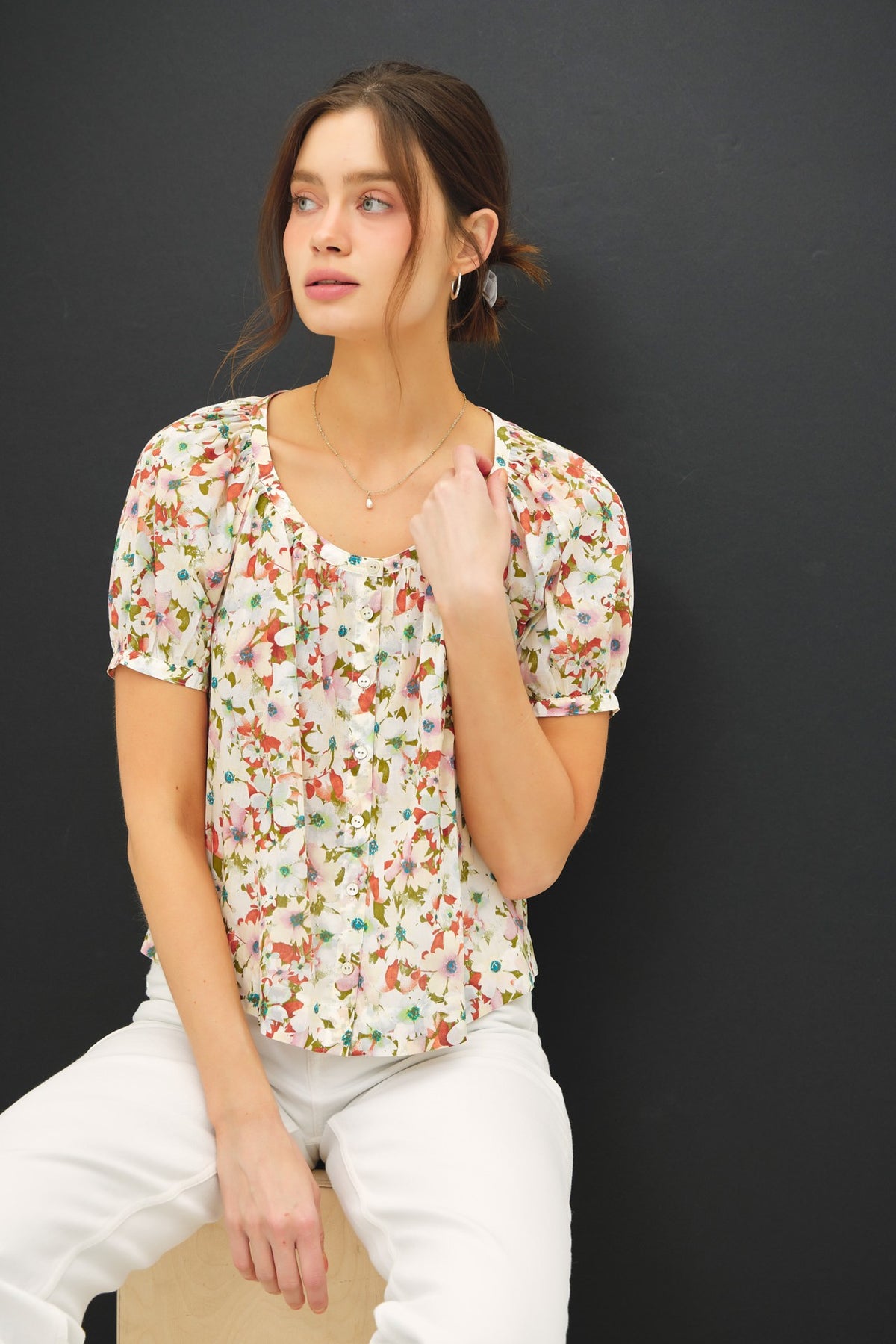 Floral Puff Sleeve Button Up