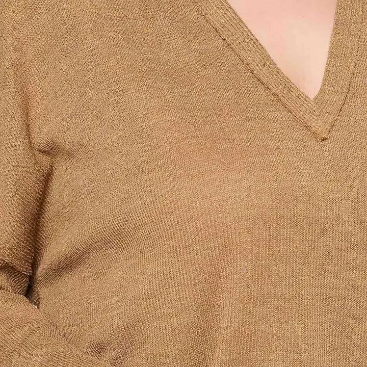 Plus Solid Notch Knit Top - Almond