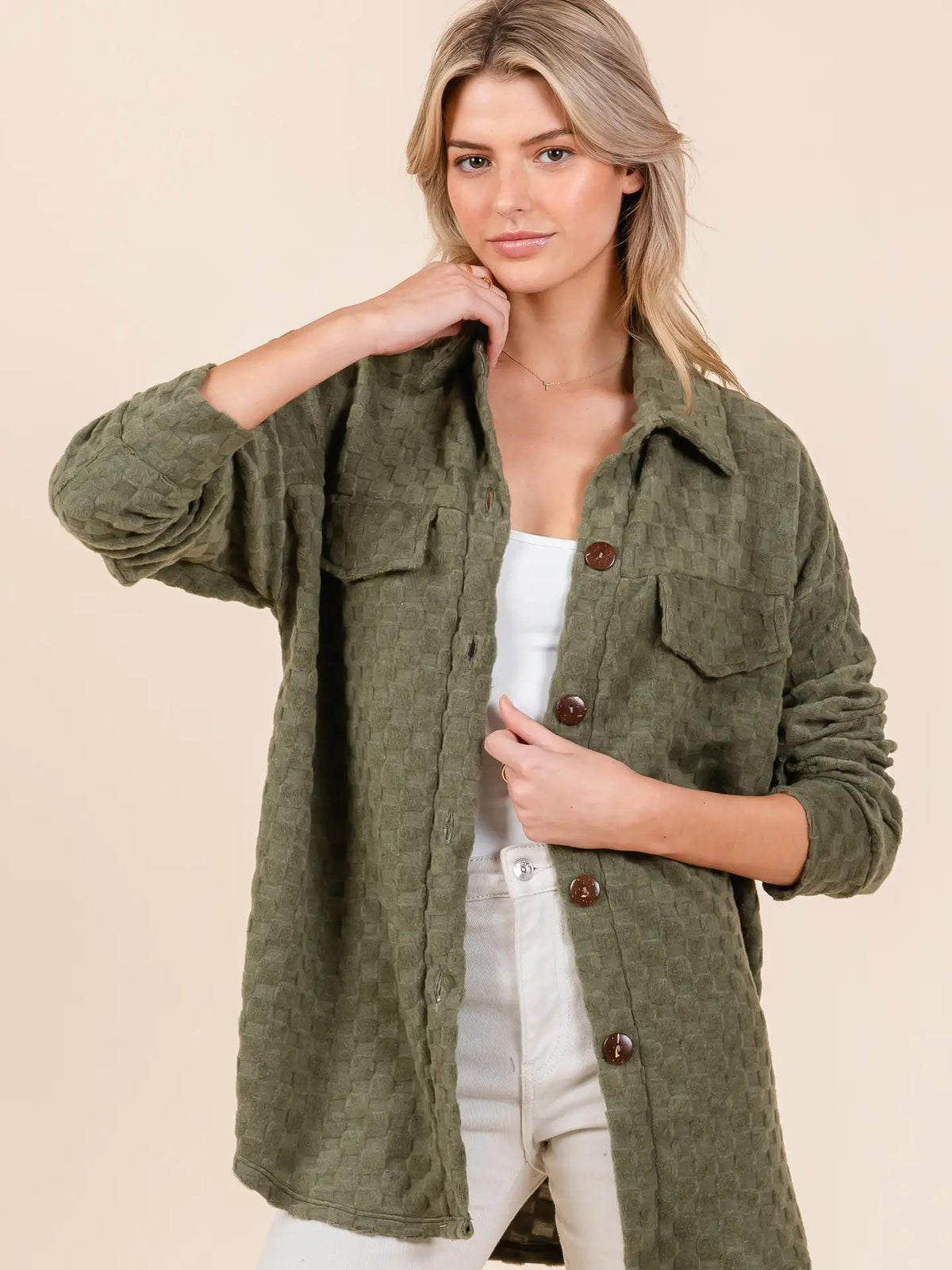 Check Textured Shacket - Olive