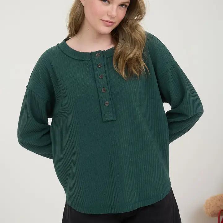 Ribbed Henley Long Sleeve - Hunter Green