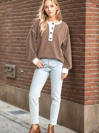 Plus Long Sleeve Button Rib Top - Brown