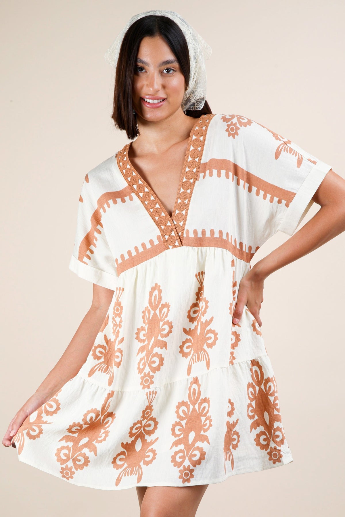 Printed V-Neck Mini Dress