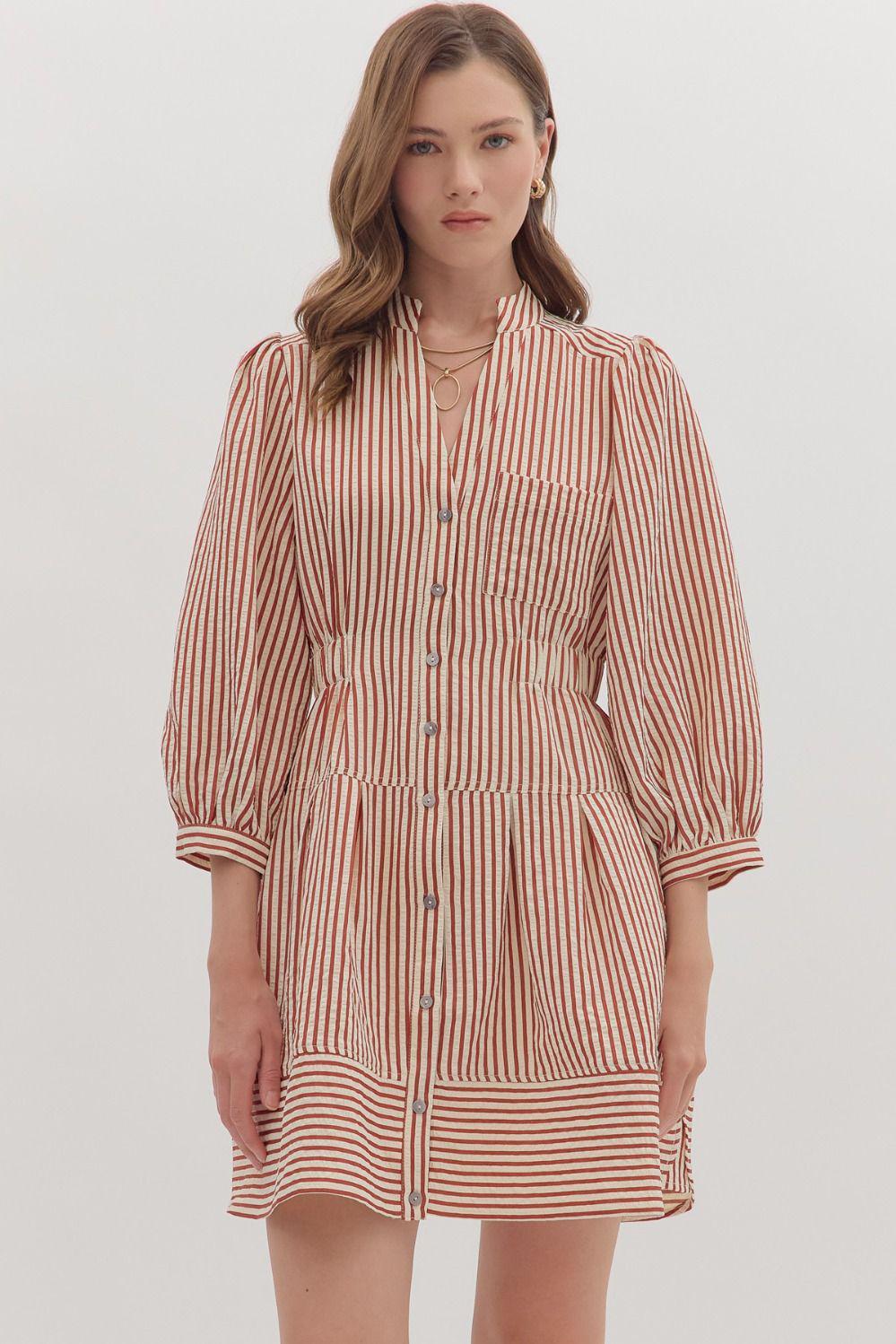 Striped 3/4 Sleeve Mini Dress - Rust