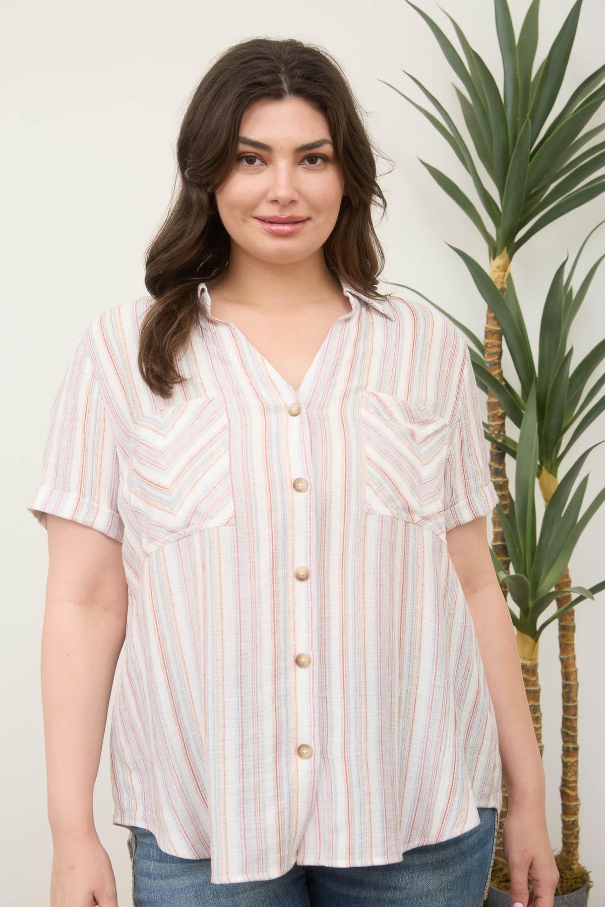 Plus Multicolor Stripe Button Down