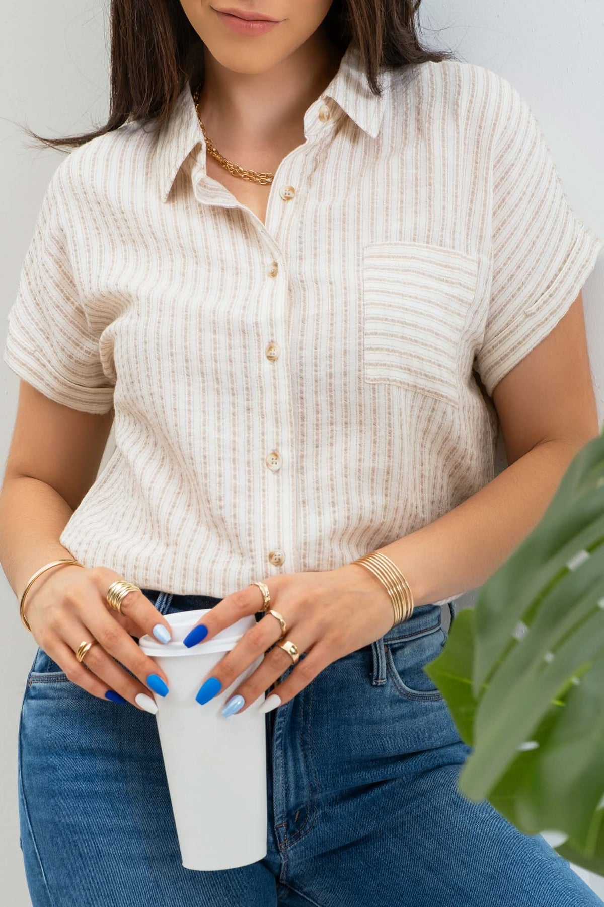 Plus Short Sleeve Striped Button Up