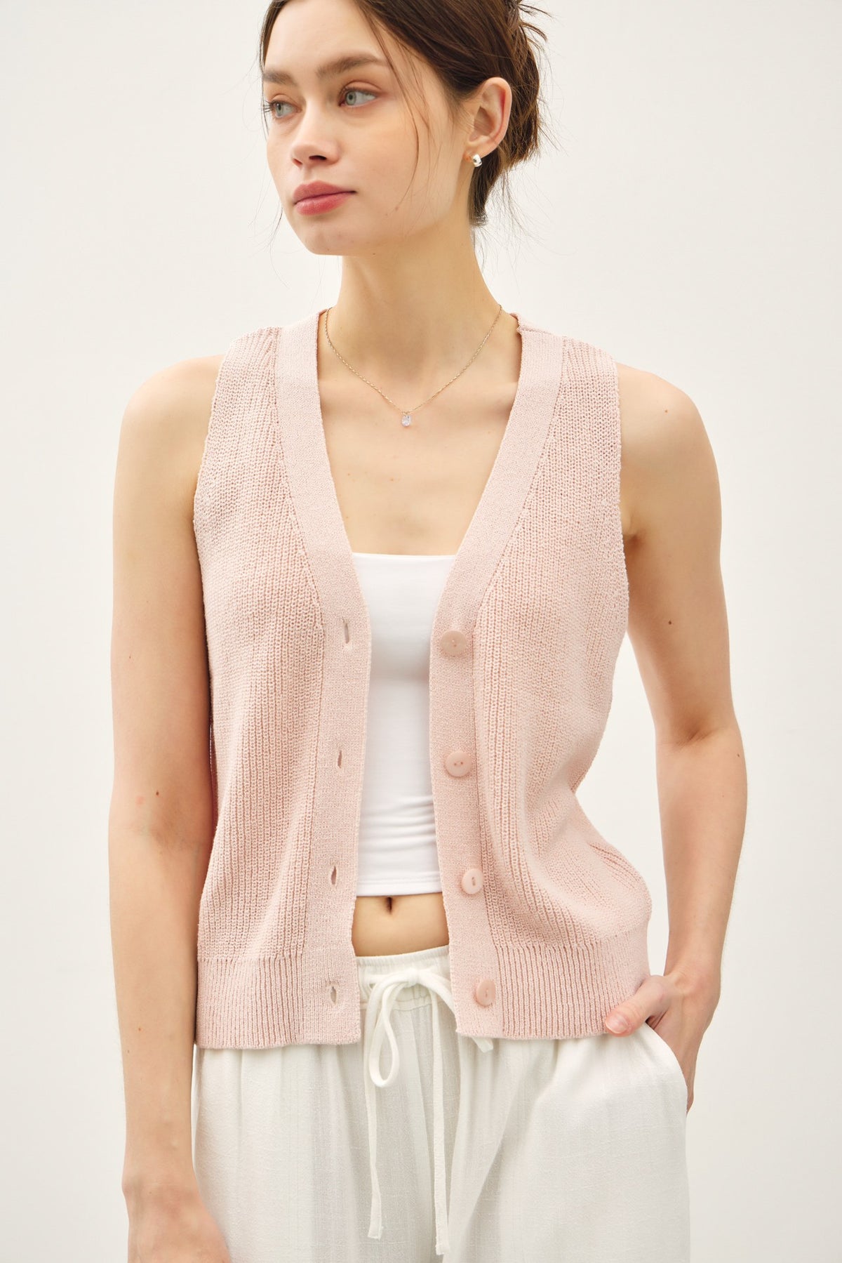 Knit V-Neck Button Up Vest