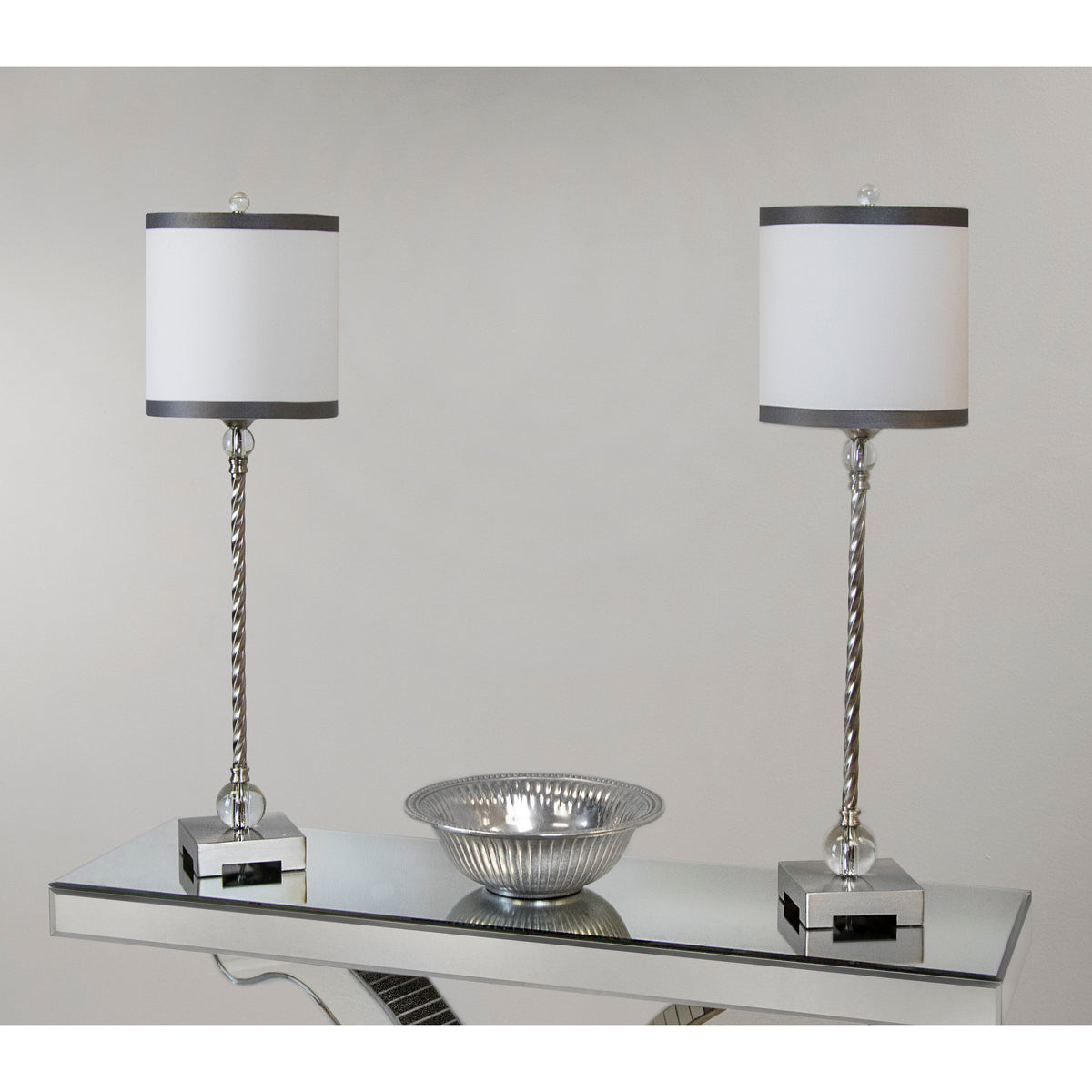 31.5" Brushed Nickel Table Lamp w/ Trimmed White Shade