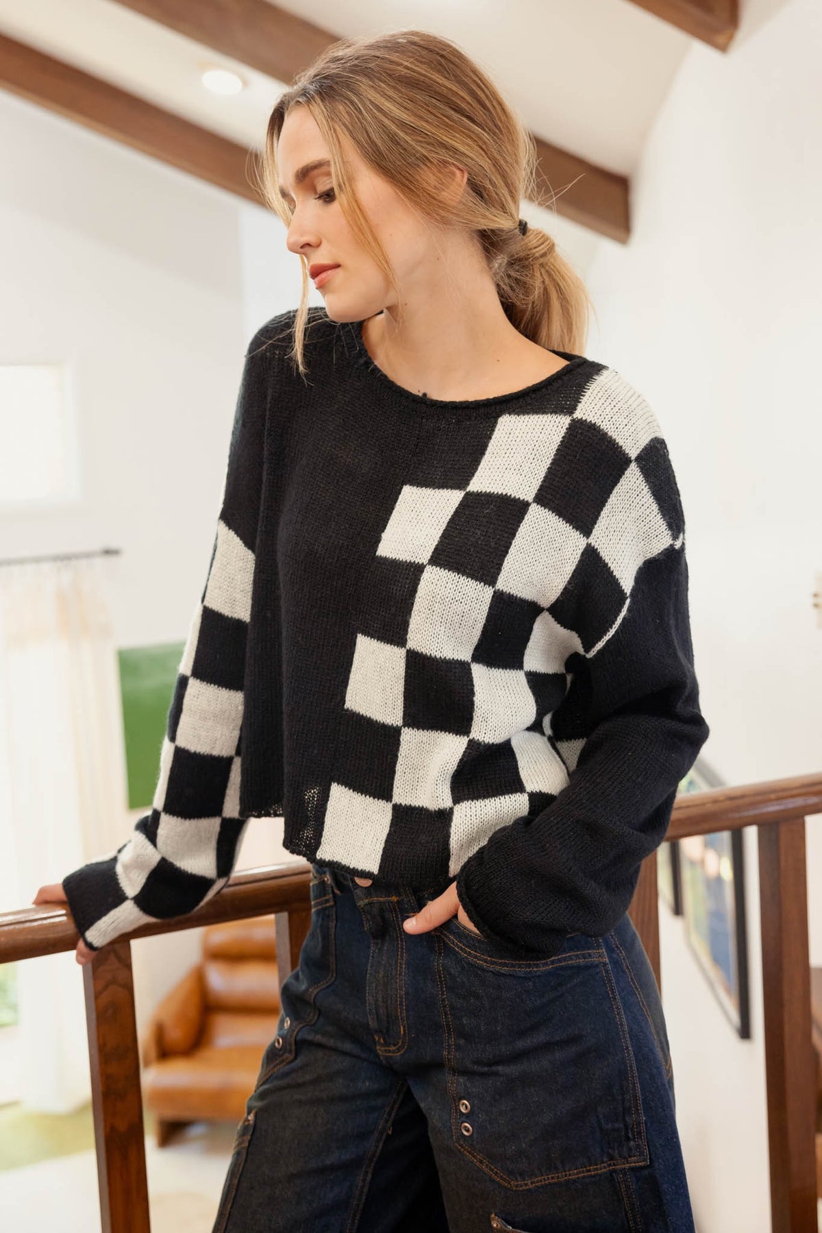 Colorblock Checkered Sweater