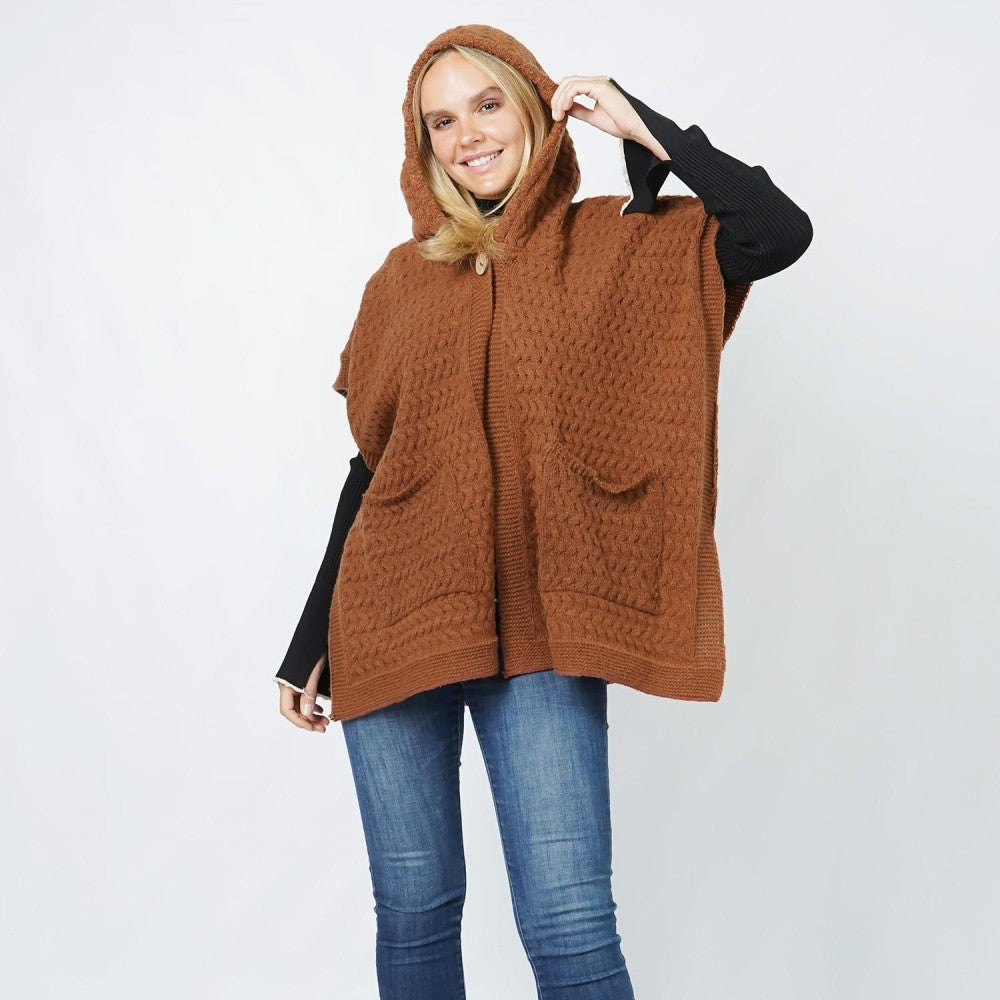 Button Hooded Poncho