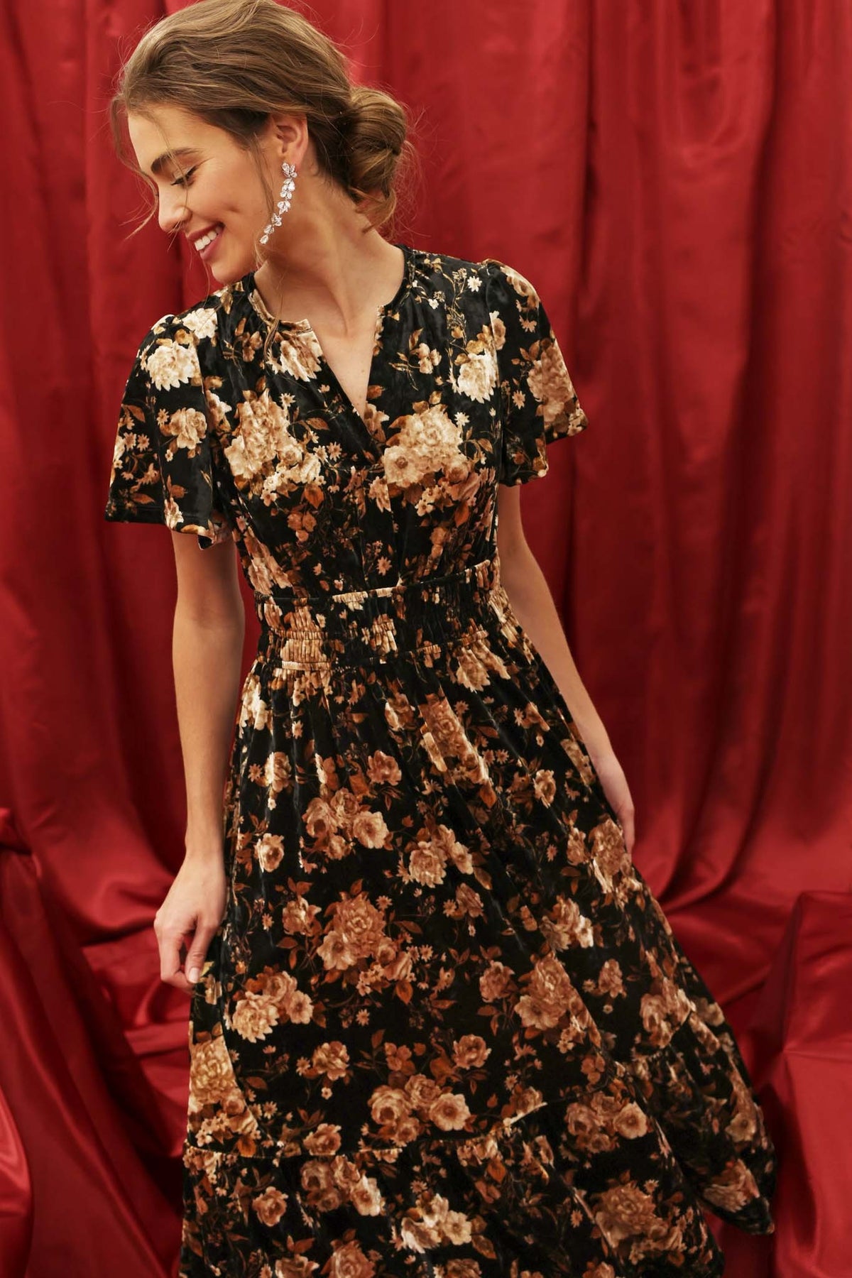 Floral Velvet Shirred Waist Dress