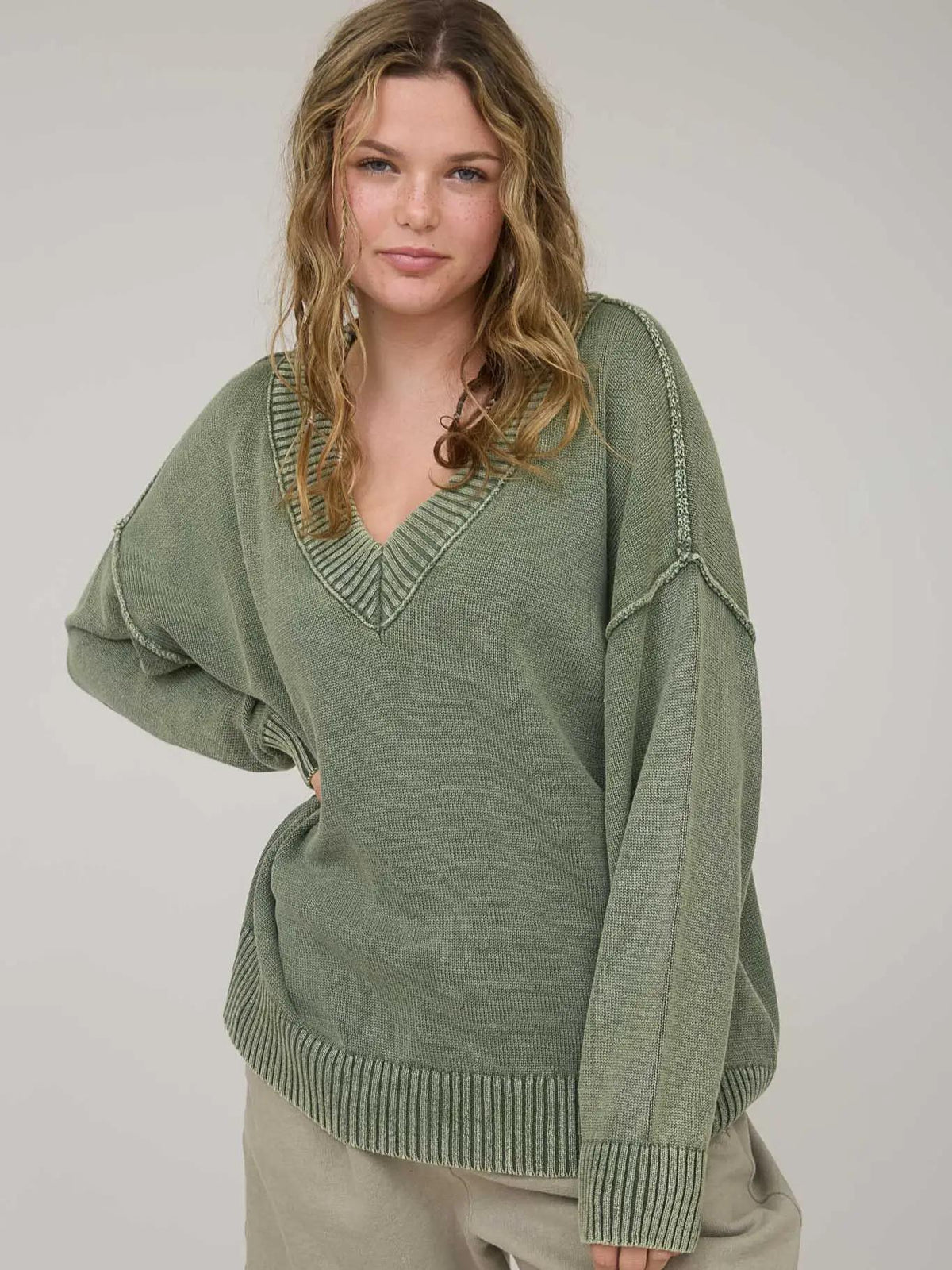 Washed Oversized Sweater - Olive