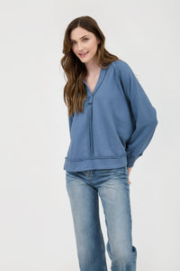 Plus Hooded V-Neck Raw Edge Top
