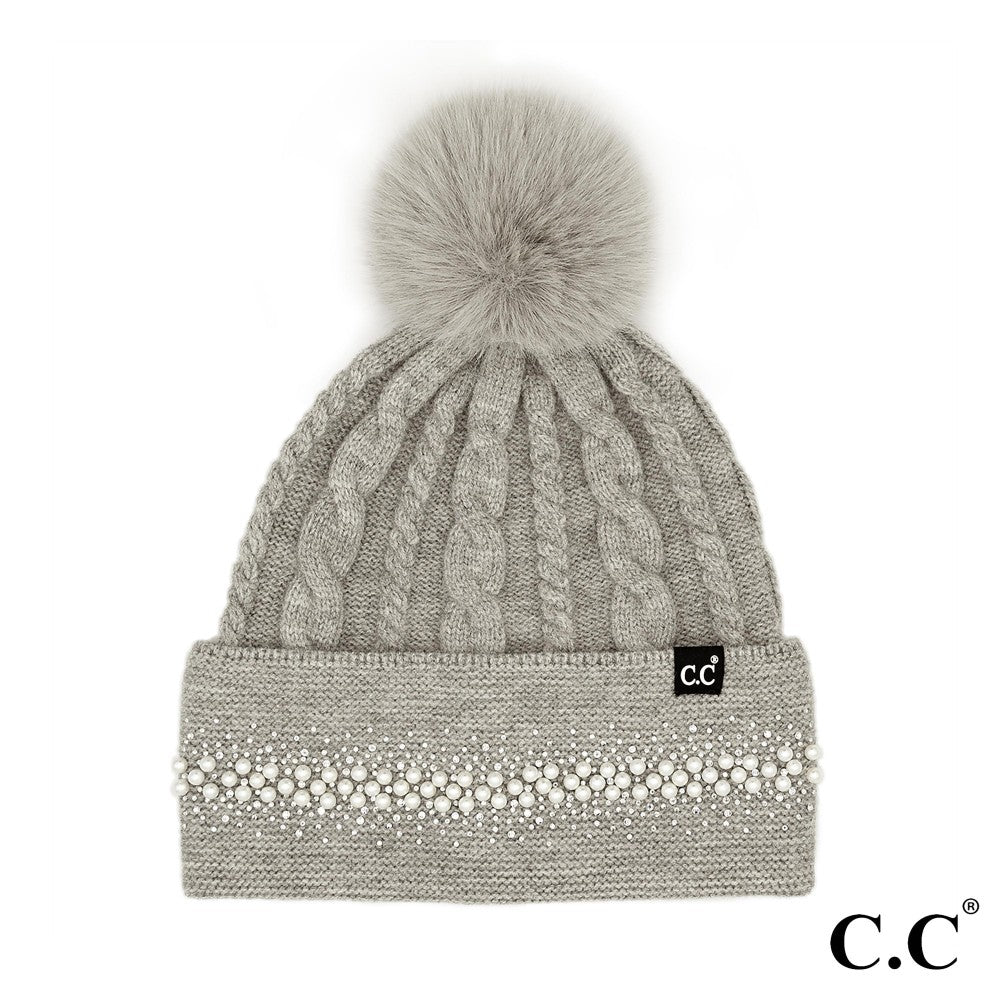 C.C. Pearl Embellished Pom Beanie