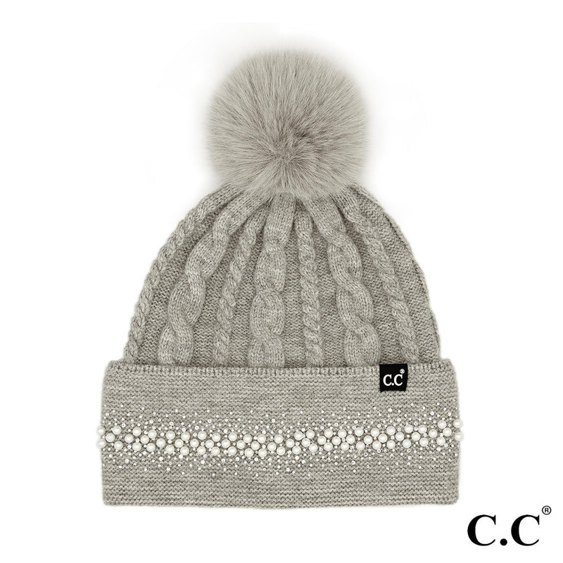 C.C. Pearl Embellished Pom Beanie