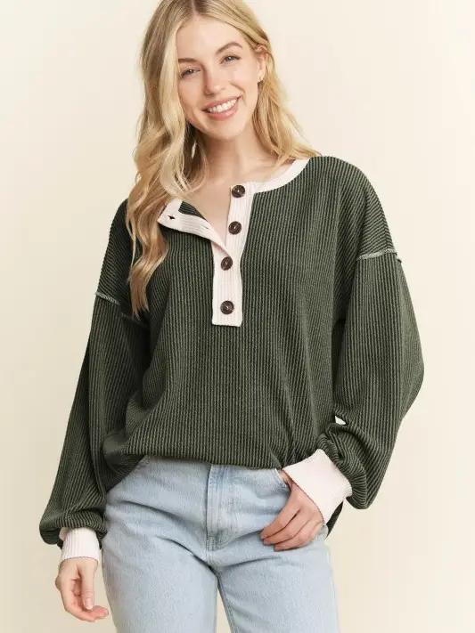 Long Sleeve Button Rib Top - Olive