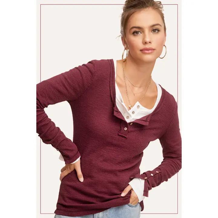 Ribbed Henley Fitted Long Sleeve - Wine
