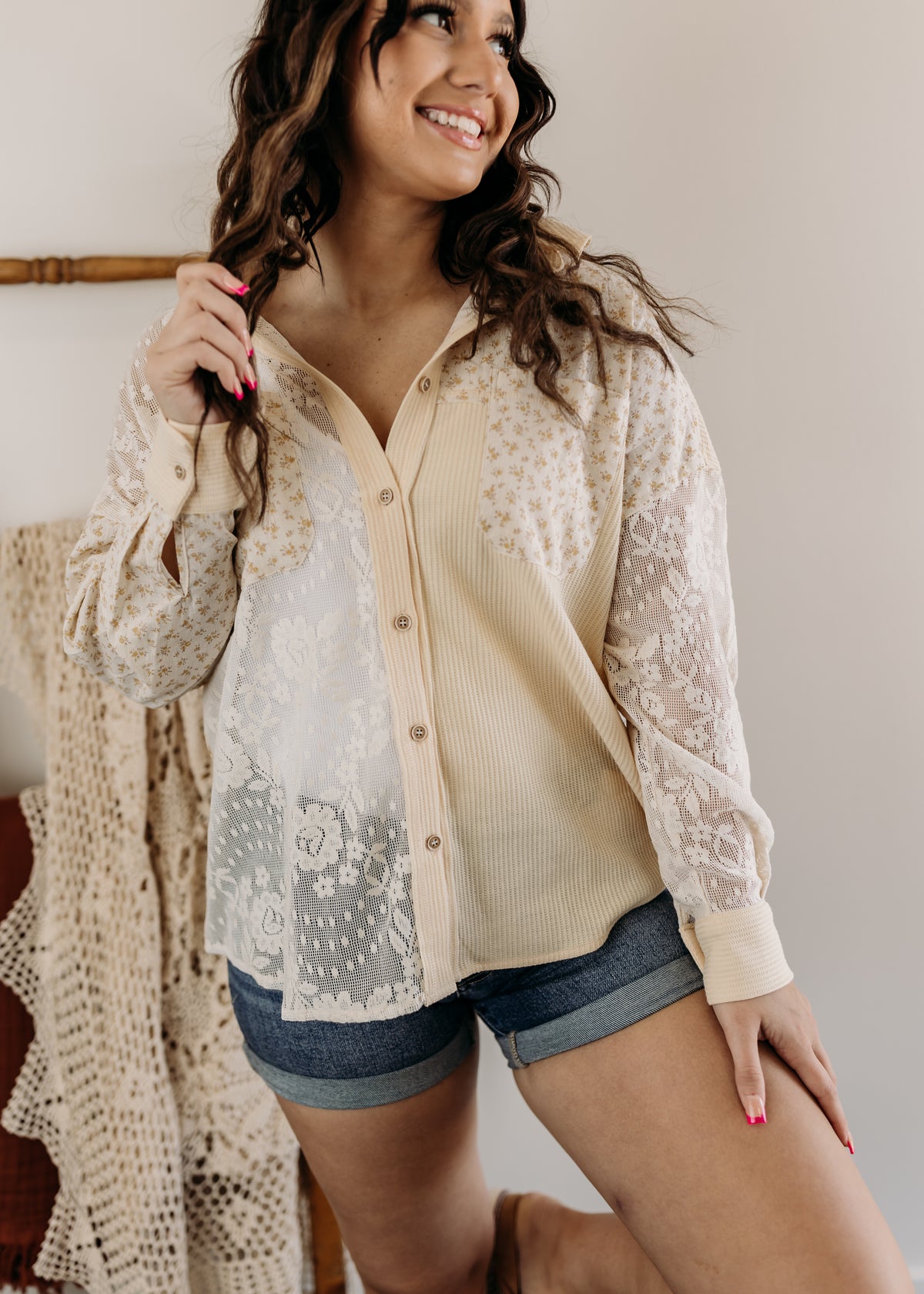 Contrast Knit & Lace Shacket