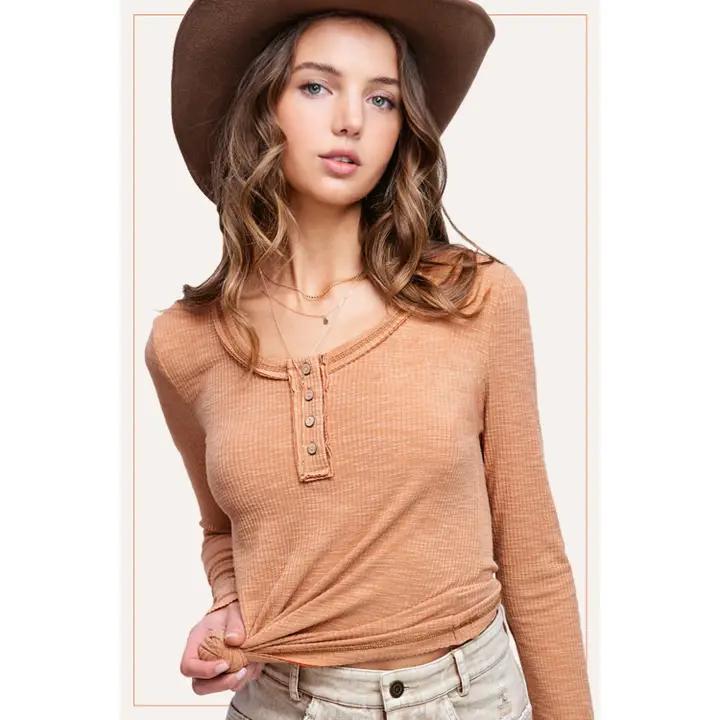 Ribbed Henley Fitted Long Sleeve - Ginger