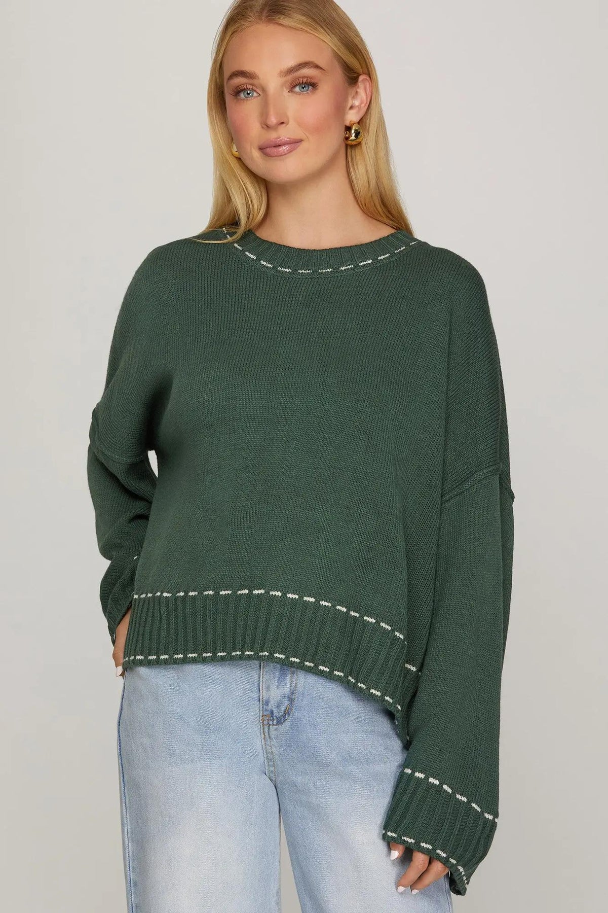 Sweater w/ Contrast Stitch - Green