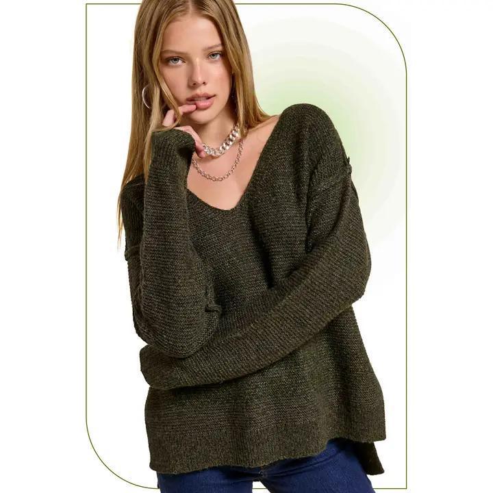 High-Low V-Neck Sweater - Dark Moss